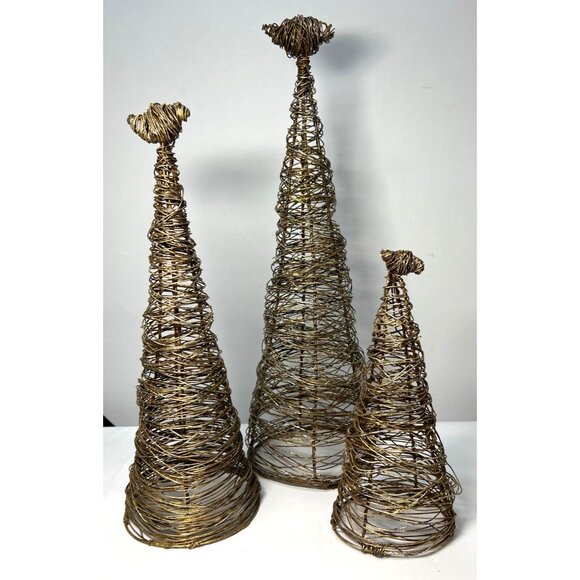 Set Of 3 Gold Wire Christmas Tree Decorations - Picture 1 of 6